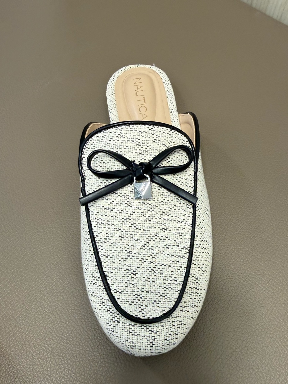 Nautica Cream Woven Slip-On Mule with Black Trim & Bow